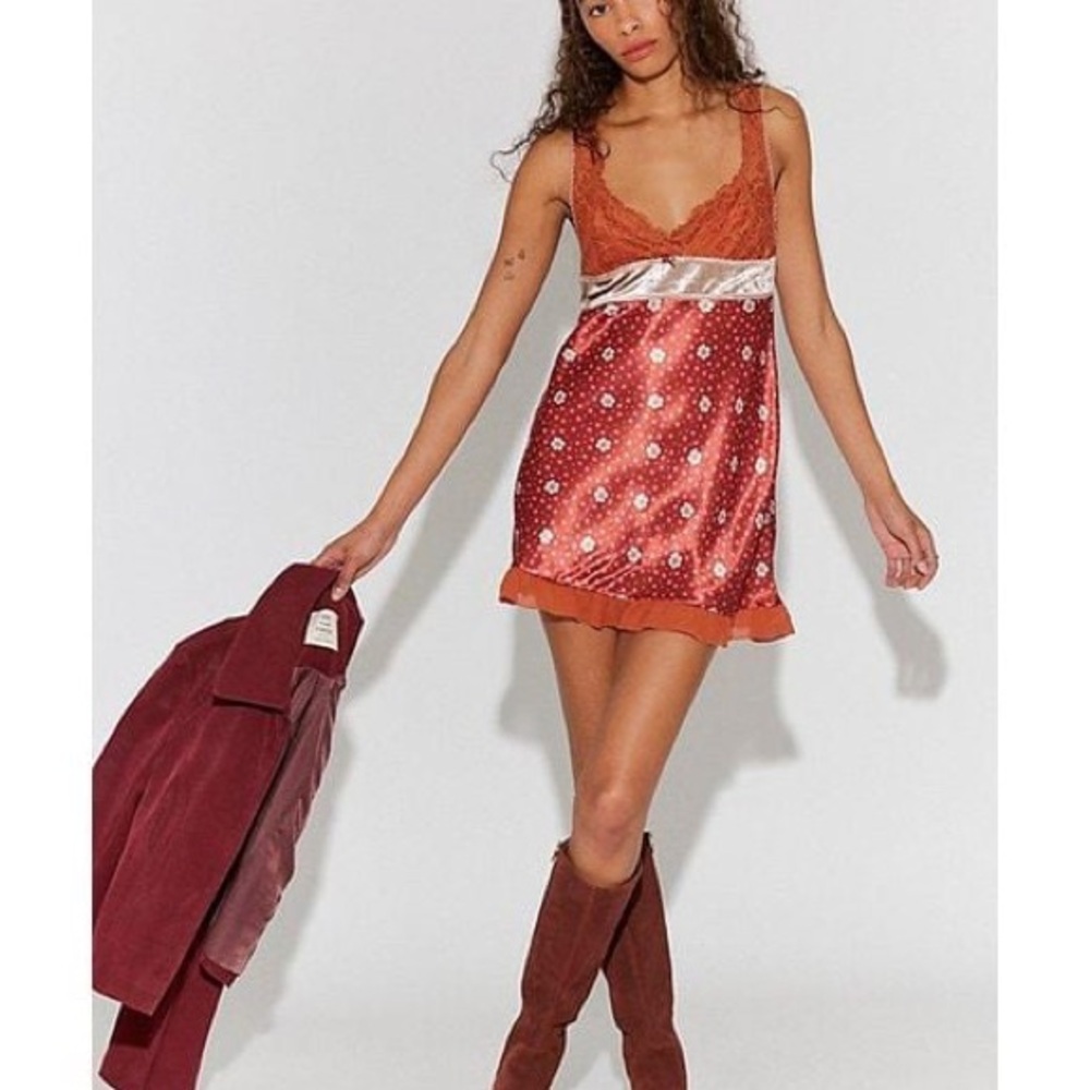 Free People Rust Red Satin Lace Slip Dress with Silver Band